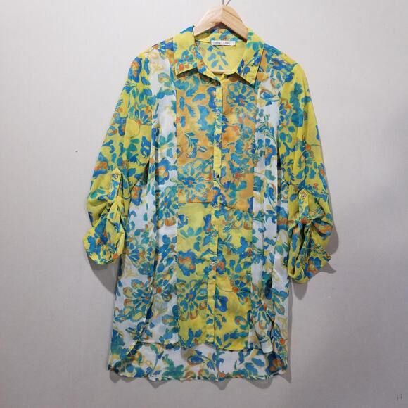 Figueroa & Flower Shirt Womens Large Multicolor Floral Sheer Tunic Roll Tab - Picture 9 of 9